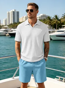 Men's summer knit polo and shorts set in white and light blue stripes on a yacht