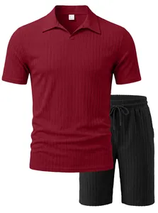 Detail of red knit polo neck and polyester fabric texture on men's casual summer set