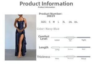 Close-up of elegant navy blue satin dress featuring spaghetti straps and a side slit