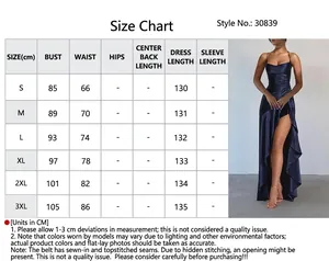 Size chart for solid color spaghetti strap slit dress with bust and waist measurements