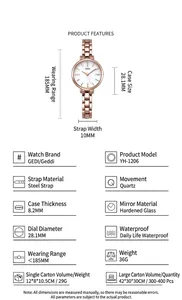 Specifiche dettagliate dell'orologio al quarzo in oro rosa con cinturino in acciaio