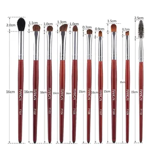 Set di 10 pennelli trucco professionali con manici in legno di mogano e specifiche misure