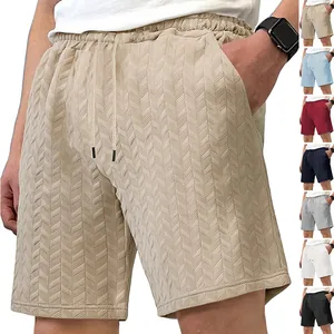 Men Casual Shorts Herringbone Texture Drawstring Elastic Waist Summer Beach Solid Color Loose Fit Men Clothing