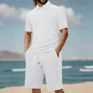 Men's summer white two-piece polo set with textured herringbone jacquard fabric