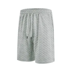Men's light grey casual beach shorts with jacquard texture and drawstring waist