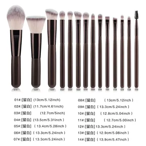 Set professionale di 14 pennelli da trucco da viaggio con manici marrone scuro e fibre
