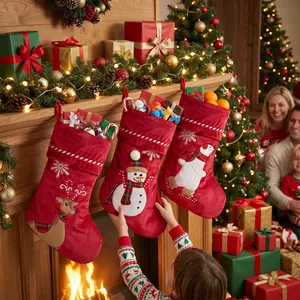 Velvet Christmas Stocking Reindeer Snowman Polar Bear Applique Embroidery Fireplace Decoration Hanging Gift Bag Xmas Decor