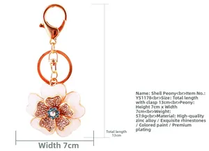 Peony flower keychain detail with dimensions 7x7cm and pink gradient shell petals