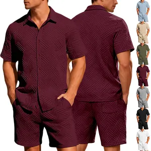 Tenue Été Homme Décontractée Chemise Manches Courtes Et Short Jacquard Texturé Géométrique Boutonné Col Urbain Mode