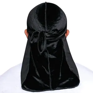 Premium black velvet durag with long tails and wide straps for 360 waves styling