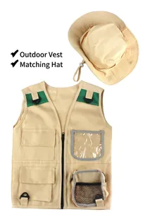 Detail of khaki kids explorer vest with functional pockets and matching wide brim hat