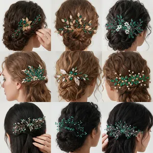 Pettine per Capelli con Strass Verde Smeraldo di Lusso Europeo Accessori per Matrimonio Sposa Stile Foresta con Foglia Oro