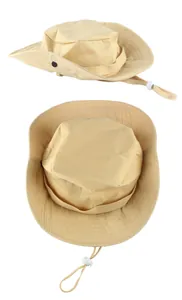 Detail of khaki outdoor safari hat with wide brim, side snaps and adjustable drawstring