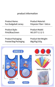 Kids adventure vest set with sticky balls, storage bag and dimensions detail