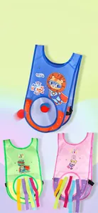 Detail showing kids sticky ball vests with animal themes and double-sided hook surface