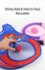 Detail of kids sticky ball vest with cartoon lion pattern and colorful throwing balls