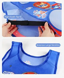 Detail view of children's blue vest featuring cartoon lion and high elastic black bands