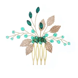 Pettine per capelli con cristalli verdi e foglie dorate per acconciature da sposa eleganti