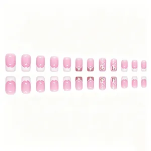 Lot de 24 faux ongles French manucure rose et blanc avec paillettes et motifs de cœurs