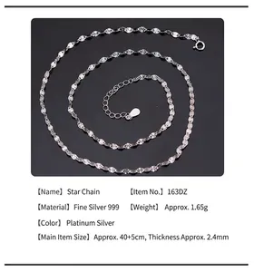Macro detail of S999 sterling silver star-link chain with dimensions and lobster clasp