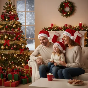 Family Embroidered Christmas Santa Hat For Dad Mom Kids Soft Polyester Plush Christmas Hat With Holly Leaf Pattern Party Decor