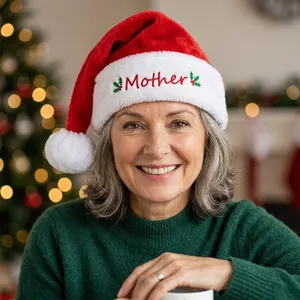 Premium plush red Christmas hat with white fur trim and red Mother embroidery detail