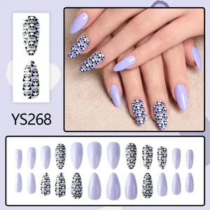 Glossy lavender almond press-on nails with cute panda print and solid color designs