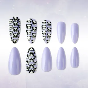 Beautiful short glossy lavender press-on nails featuring various cute panda patterns