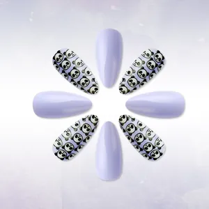 Macro detail of short glossy light purple nails featuring cute panda pattern and solid colors