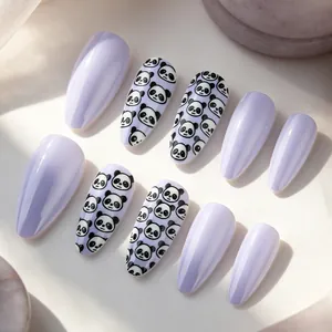 Glossy light purple almond press-on nails with cute black and white panda patterns
