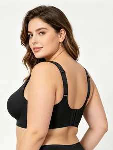 Detail of seamless black plus size bra showing wide straps and multi-row back closure