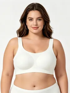Front view of seamless white bra with wide straps for comfort and support