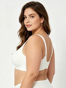 Rear view of white seamless plus size bra featuring wide straps and U-shaped back design