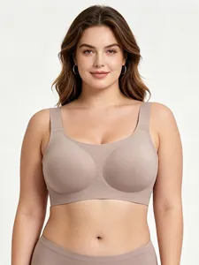 Detail of wide straps and seamless construction on a plus-size comfort bra set