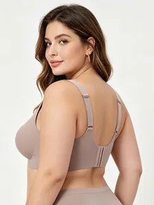 Detail of plus size seamless bra showing wide straps and back hook-and-eye closure