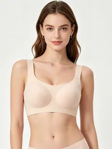 Detail of skin-toned seamless bra with wide shoulder straps and jelly soft support