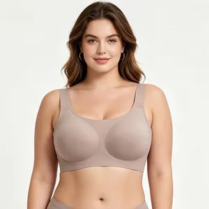 Full view of women's seamless plus size wire-free bra with wide straps in mauve