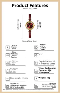 Spécifications techniques de la montre quartz bohème pour femme avec bracelet en cuir rouge