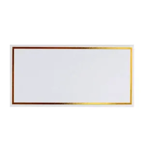 Detail of elegant rectangular white place card with premium gold foil stamped border