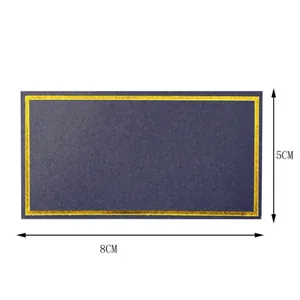 Detail view of navy blue place card with gold foil border and dimensions 8cm by 5cm