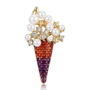 Broche Cornet de Glace en Alliage de Mode pour Femmes Jolie Broche Incrustée de Künstliche Perles et Strass Émail Dégradé Doux Accessoire Cadeau
