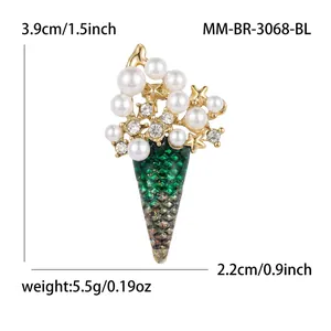 Broche chic en alliage doré avec perles et émail vert en forme de crème glacée
