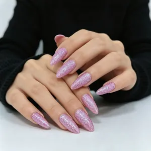 Faux Ongles Amande Rose Violet Pailleté Couverture Totale Longs Ongles Artificiels Pour Femmes