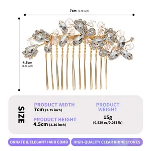 Peigne à cheveux mariée vintage avec strass et design branche de feuilles dorées