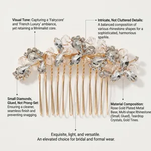 Détail macro du peigne à cheveux mariée or rose avec cristaux scintillants et strass
