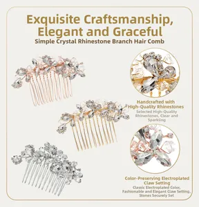 Détail du peigne à cheveux de mariée avec branches en cristal et sertissage griffes