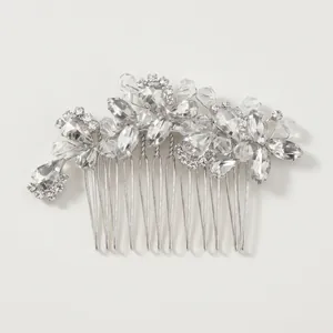 Peigne à cheveux de mariée vintage argenté avec fleurs en cristal et strass