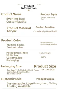 Detailed specifications for acrylic pearlescent evening clutch 18x11x4.5cm 500g