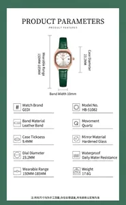 Detailed technical specifications for GEDI square watch with leather strap measurements