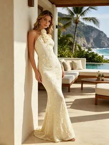 Halter Evening Dress 3D Floral Lace Sequin Fishtail Backless Bodycon Elegant Maxi Gown For Women Formal Party